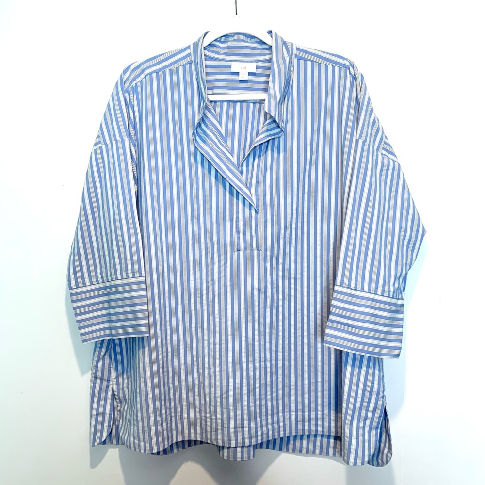 J. Jill Pinstripe Popover Tunic Top Collared Blue White Cotton Blend